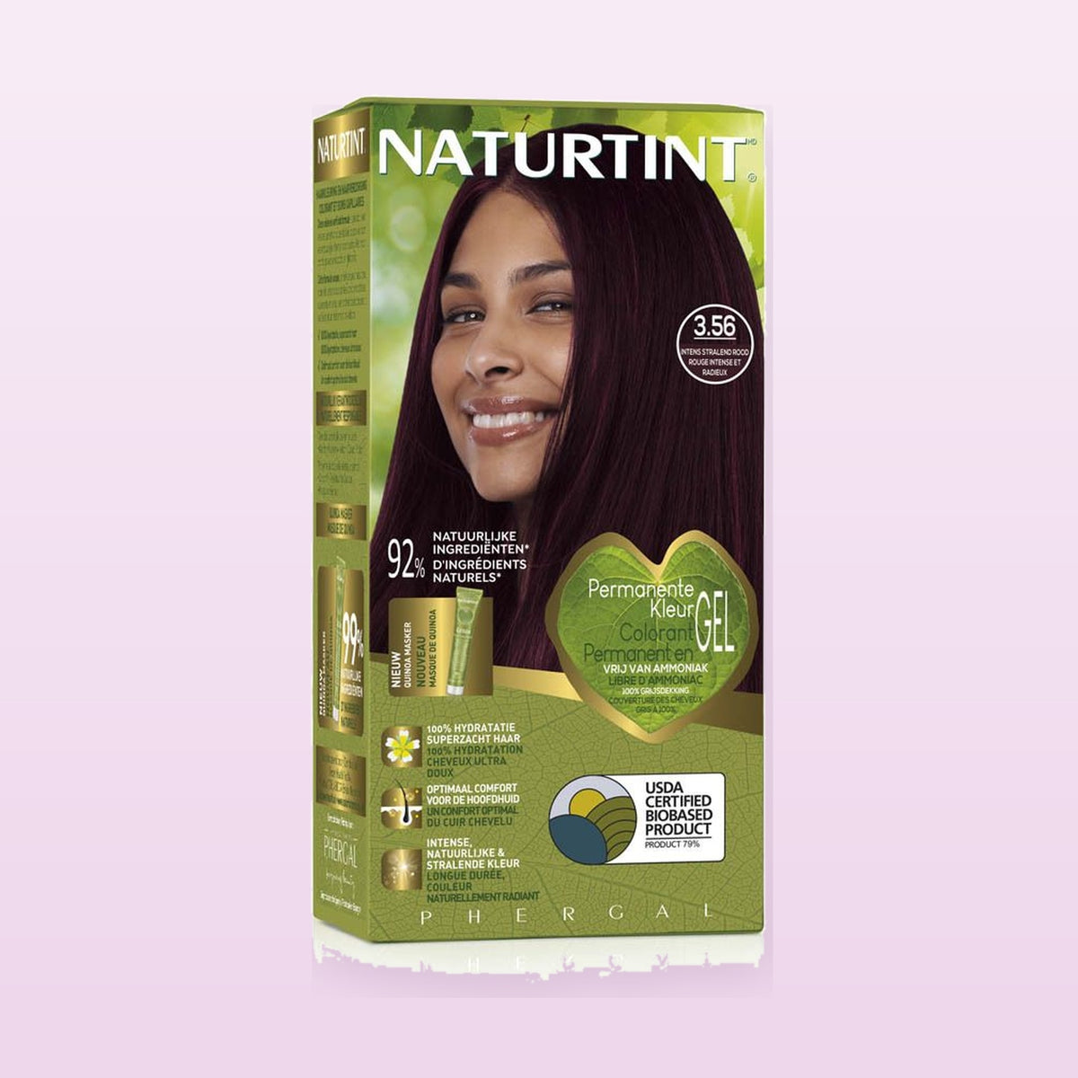 Naturtint 3.56N Intense Radiant Red permanent hair colour on a soft pastel background
