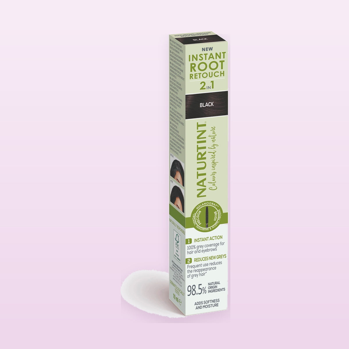 Naturtint Instant Root Retouch 2 in 1 Black 10ml on a soft pastel background