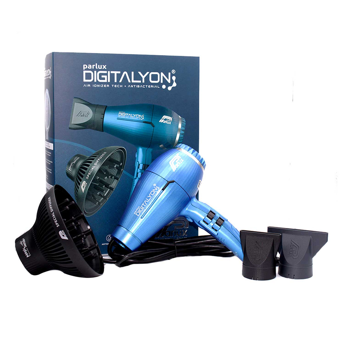 Parlux Digitalyon Blue hair dryer set with diffuser and two nozzles