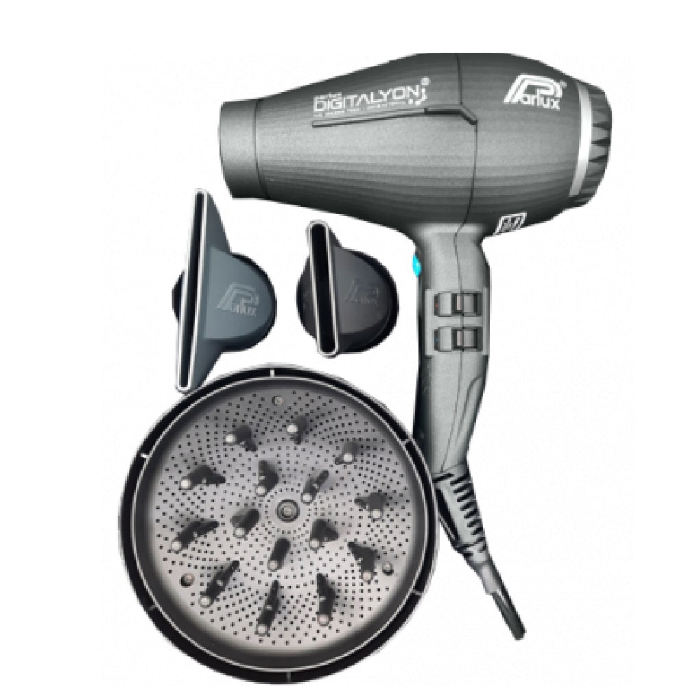 Parlux Digitalyon Grey Glitter hair dryer set with diffuser and two nozzles