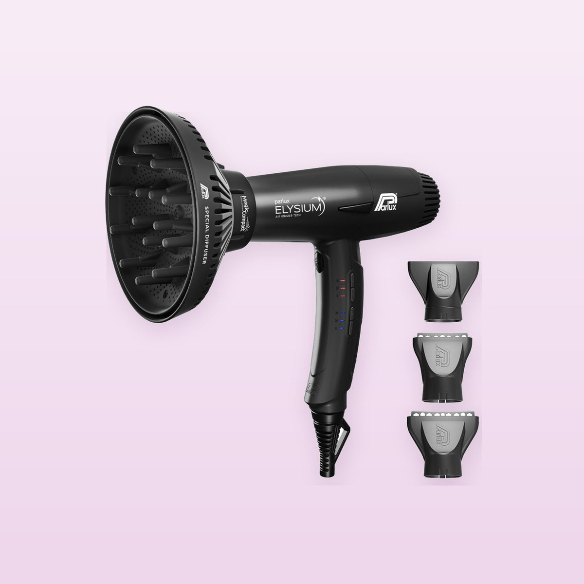 Parlux Elysium Black hair dryer with MagicSense diffuser and nozzles