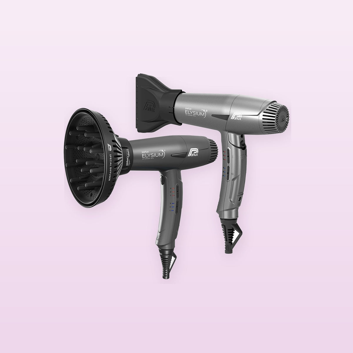 Parlux Elysium Titanium hair dryer with MagicSense diffuser and nozzle