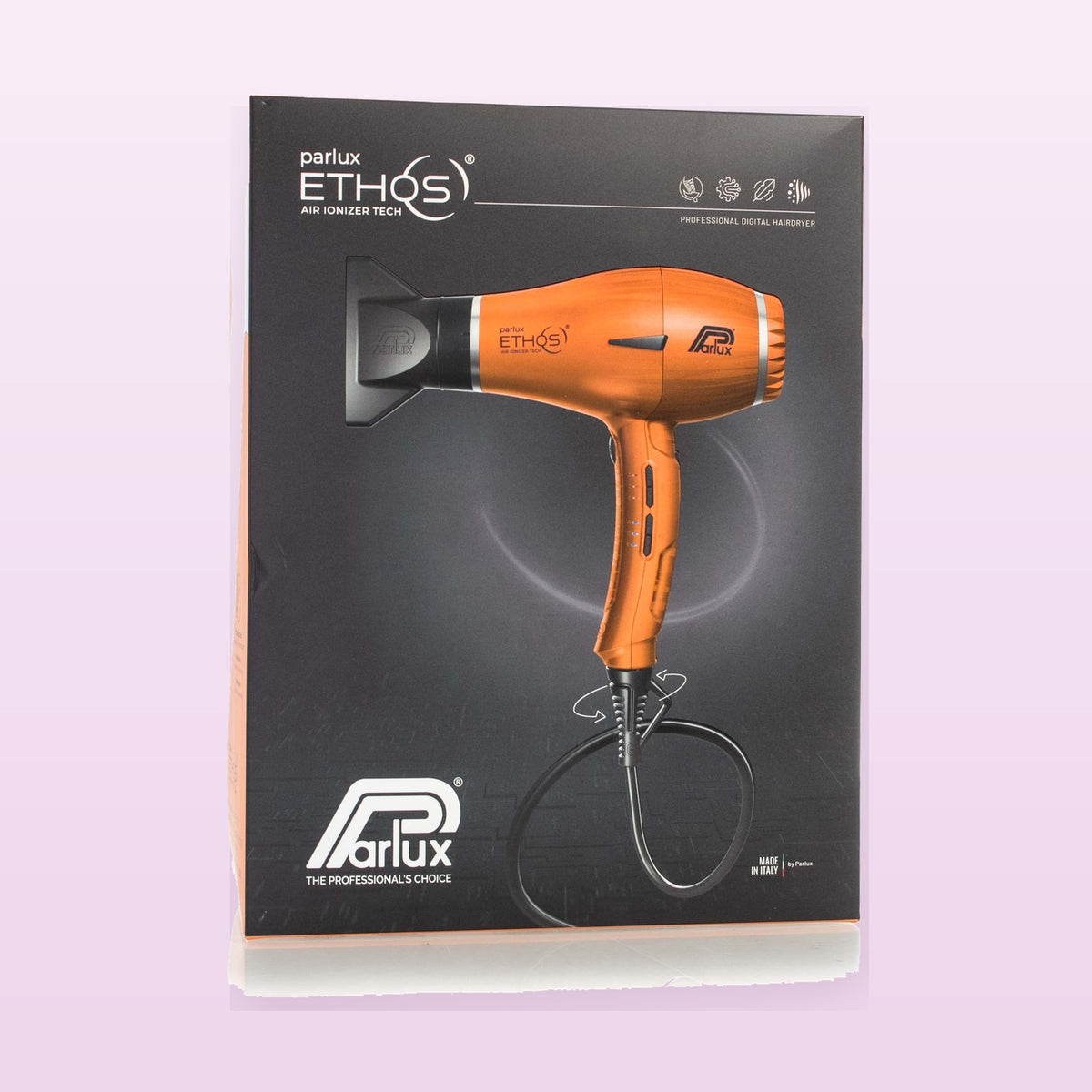 Parlux Ethos professional hair dryer Copper on a soft pastel background