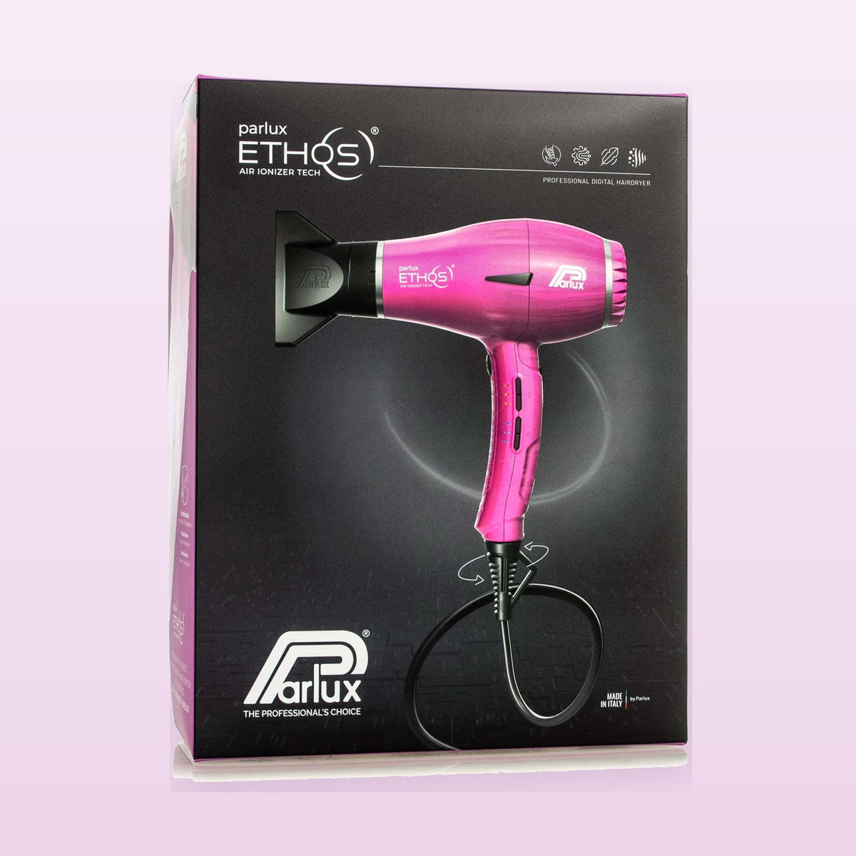 Parlux Ethos professional hair dryer Fuchsia on a soft pastel background