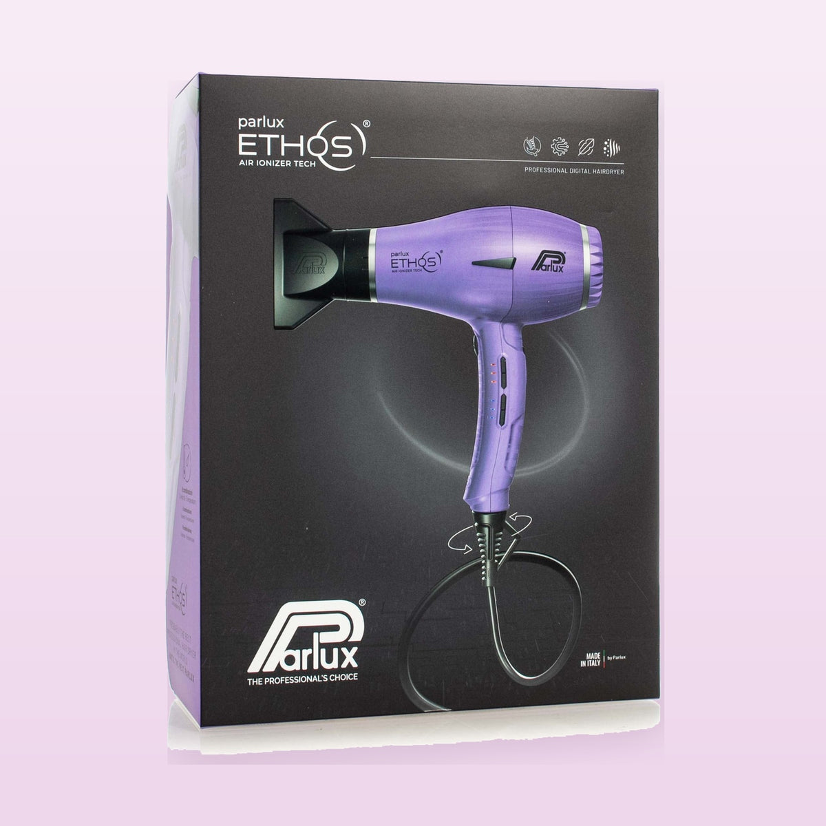 Parlux Ethos professional hair dryer Lilac on a soft pastel background