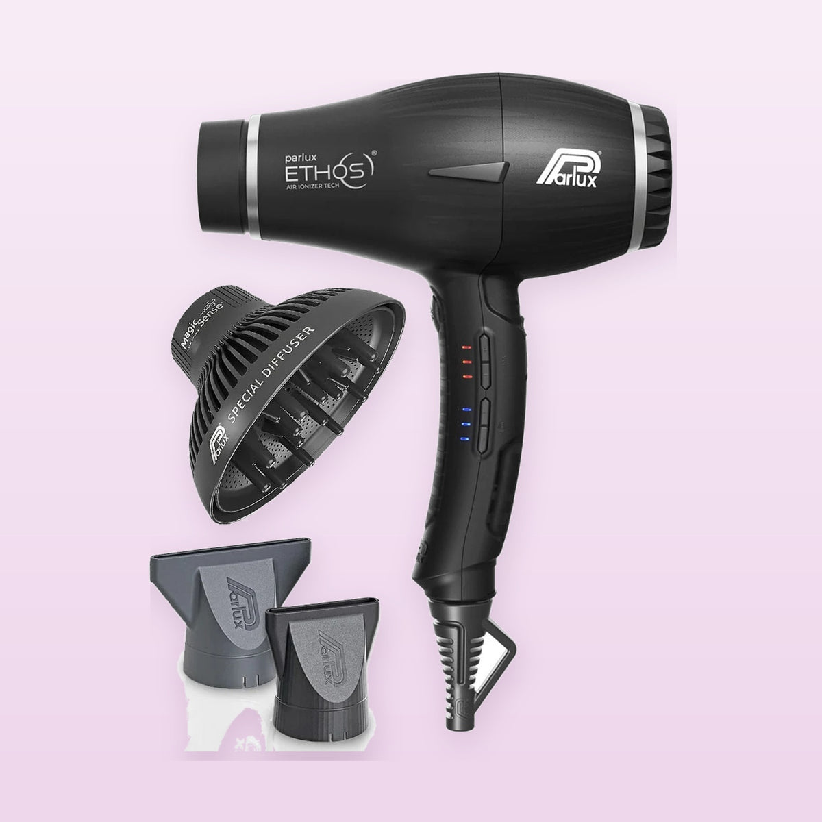 Parlux Ethos Black hair dryer with MagicSense diffuser and nozzles