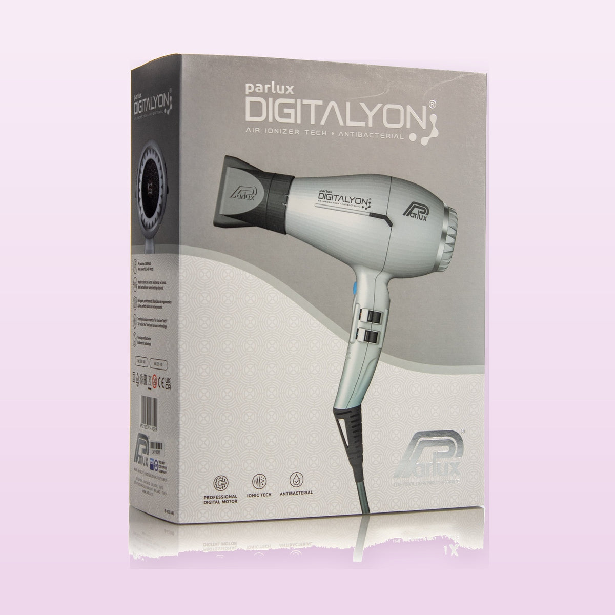 Parlux Ethos professional hair dryer Titanium on a soft pastel background