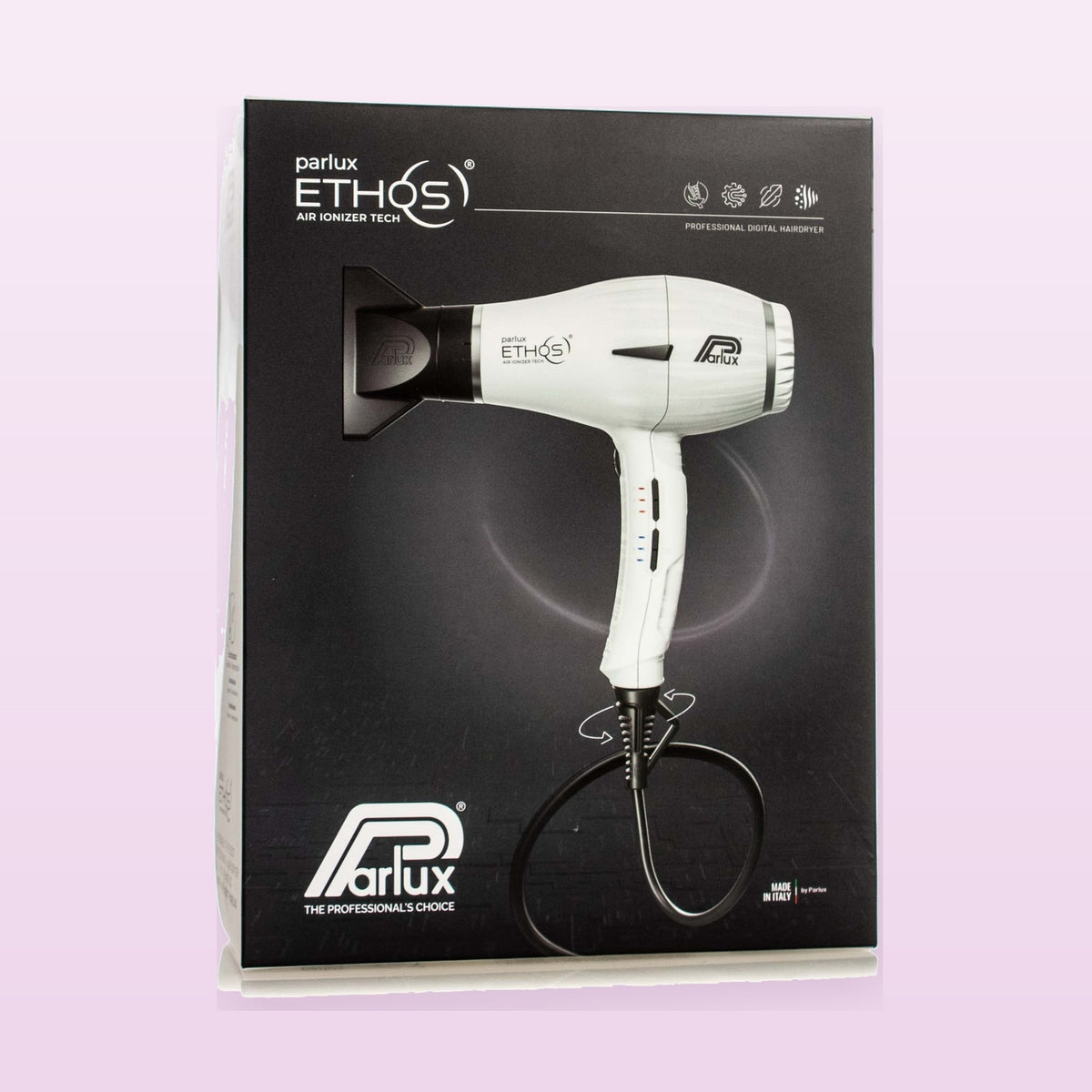 Parlux Ethos professional hair dryer White Matte on a soft pastel background