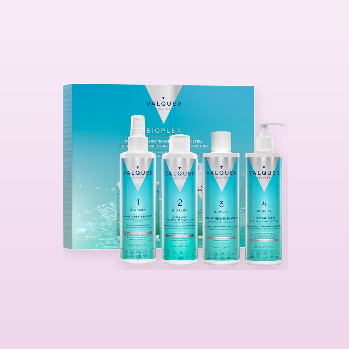 Valquer Bioplex Complete Hair Reconstruction Set on a soft pastel background