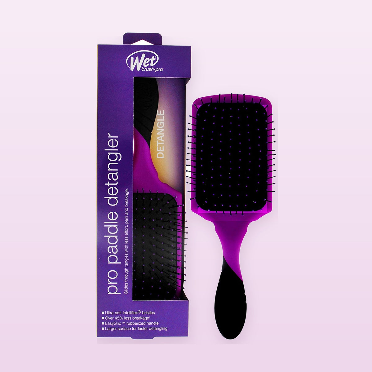 Wet Brush Pro Paddle Detangler Purple on a soft pastel background